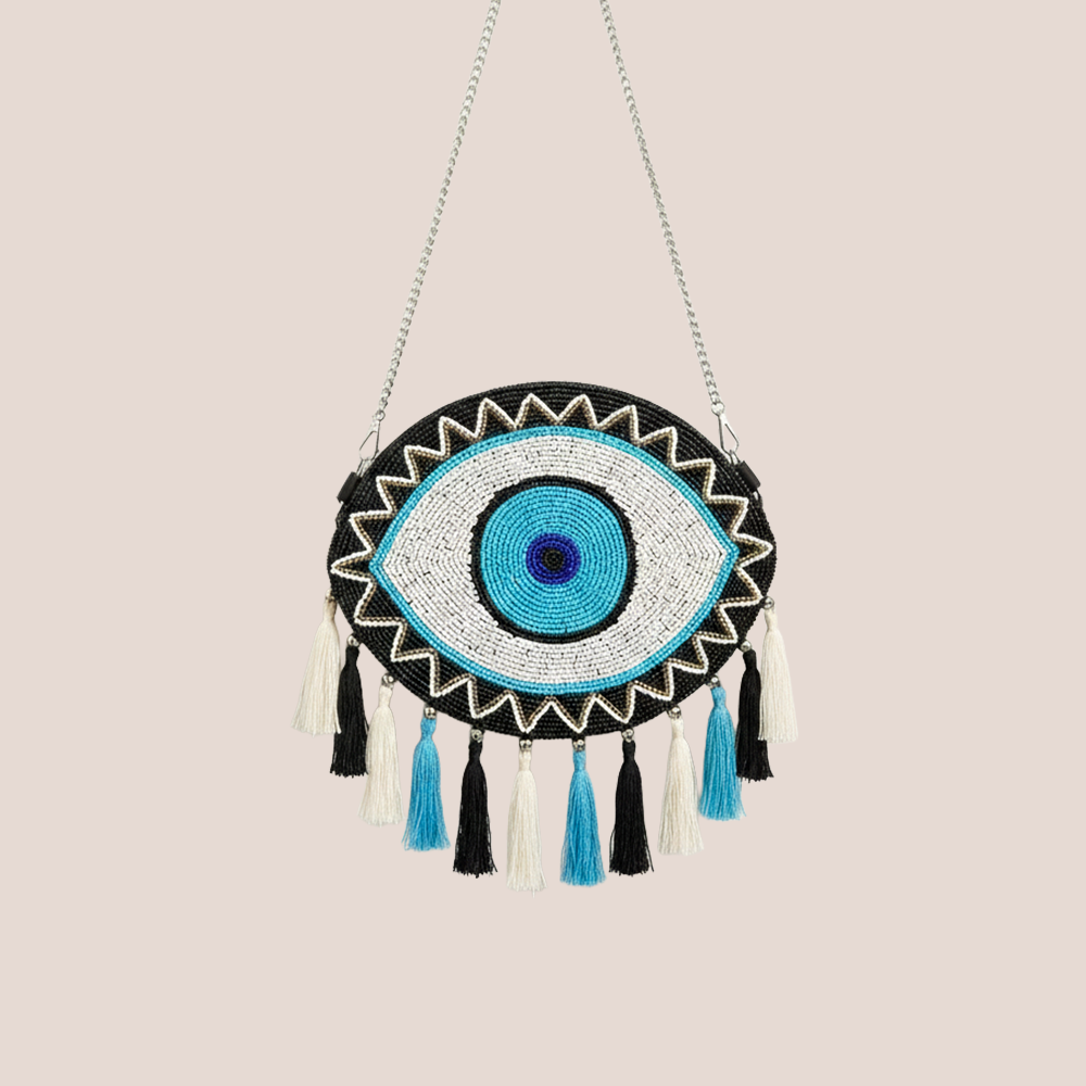 Handcrafted Blue Evil Eye Beaded Crossbody Boho Purse
