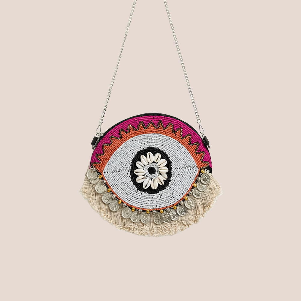Handcrafted Evil Eye Beaded Crossbody Orange Boho Bag