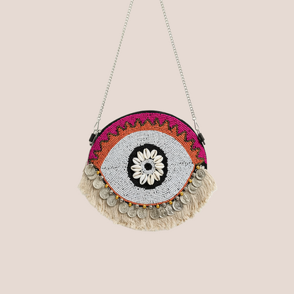 Handcrafted Evil Eye Beaded Crossbody Orange Boho Bag
