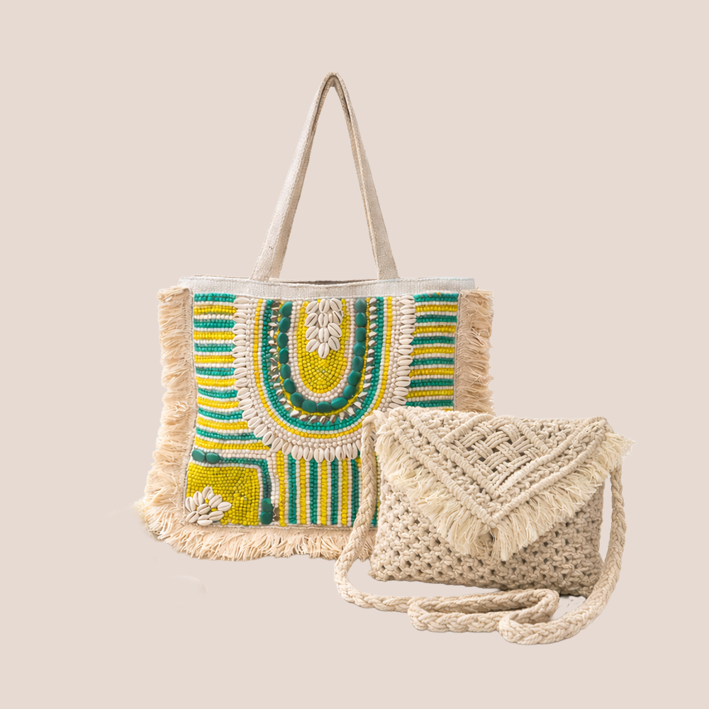 Maresse Boho Duo Bag Set – Beaded Tote & Macrame Sling