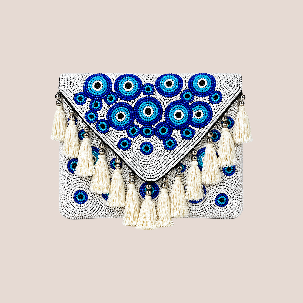 Handcrafted White & Blue Banjara Boho Bag for Women