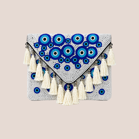 Handcrafted White & Blue Banjara Boho Bag for Women