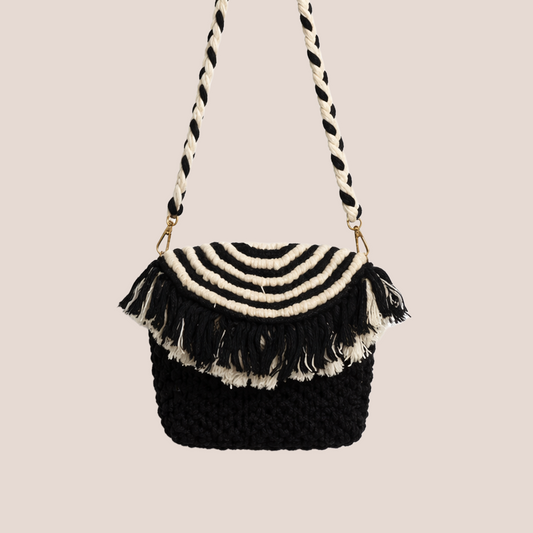Handcrafted Black and White Macrame Bag for Women (MonochromeFringe)