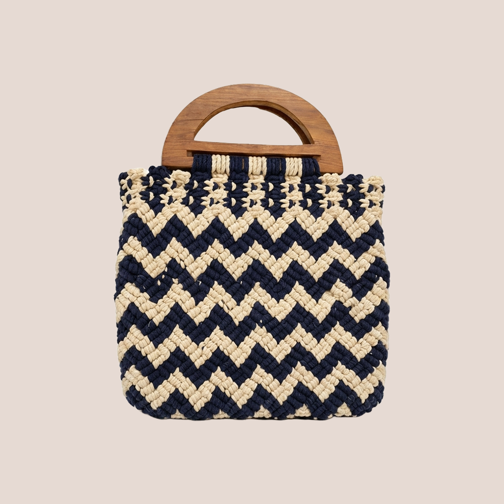 Handmade Blue & Beige Chevron Macrame Bag for Women (SlateChevron)