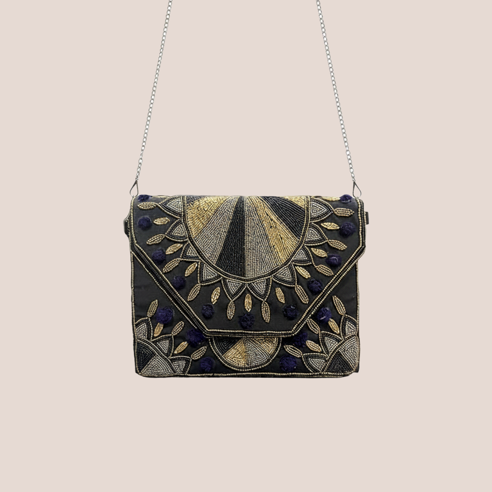 Women Ethnic Embellished Designer Boho Bag (Luxe Black & Gold)
