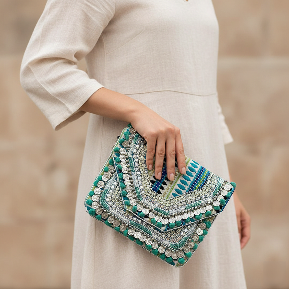 Women Ethnic Embellished Handmade Designer Boho Bag (Evergreen)