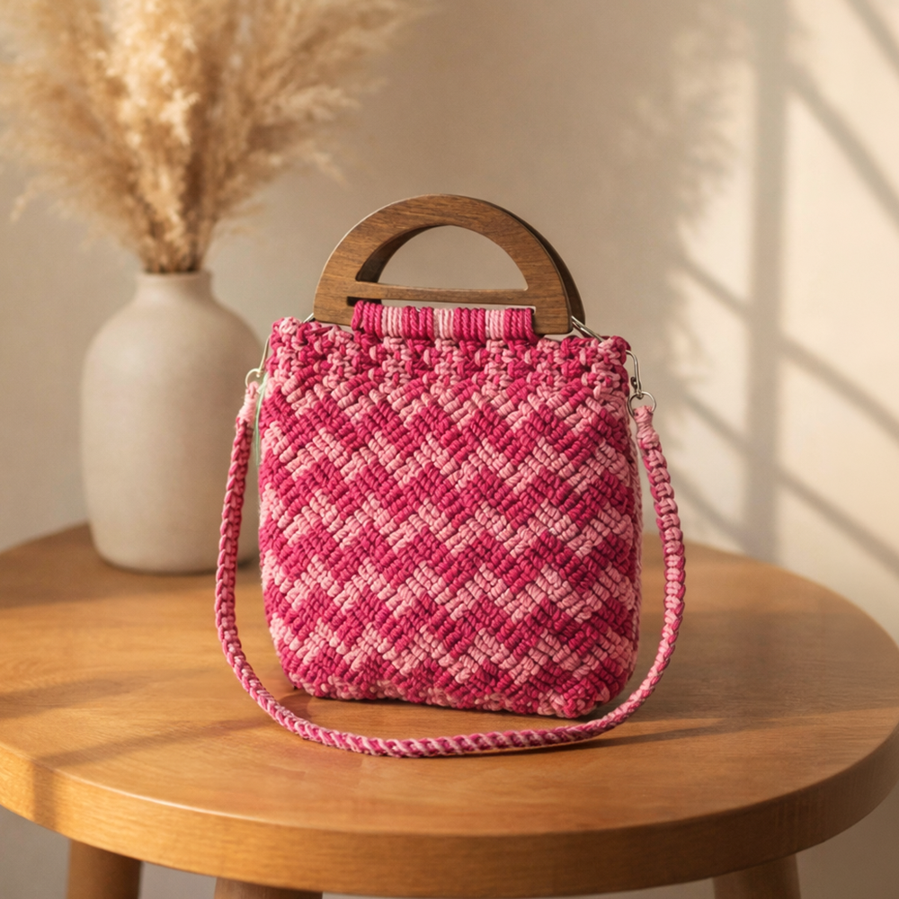 Handmade Pink  Macrame Purse with Wooden Handles (Roseweave)