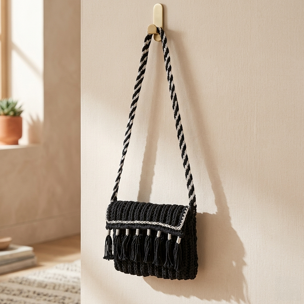 Handcrafted Elegant Black Macrame Bag for Women (MidnightFringe)