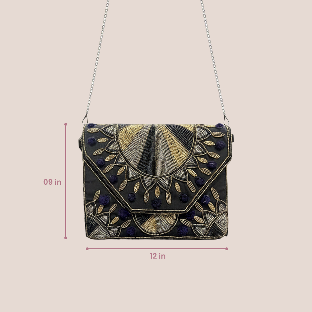 Women Ethnic Embellished Designer Boho Bag (Luxe Black & Gold)