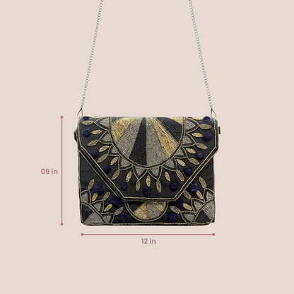 Women Ethnic Embellished Designer Boho Bag (Luxe Black & Gold)