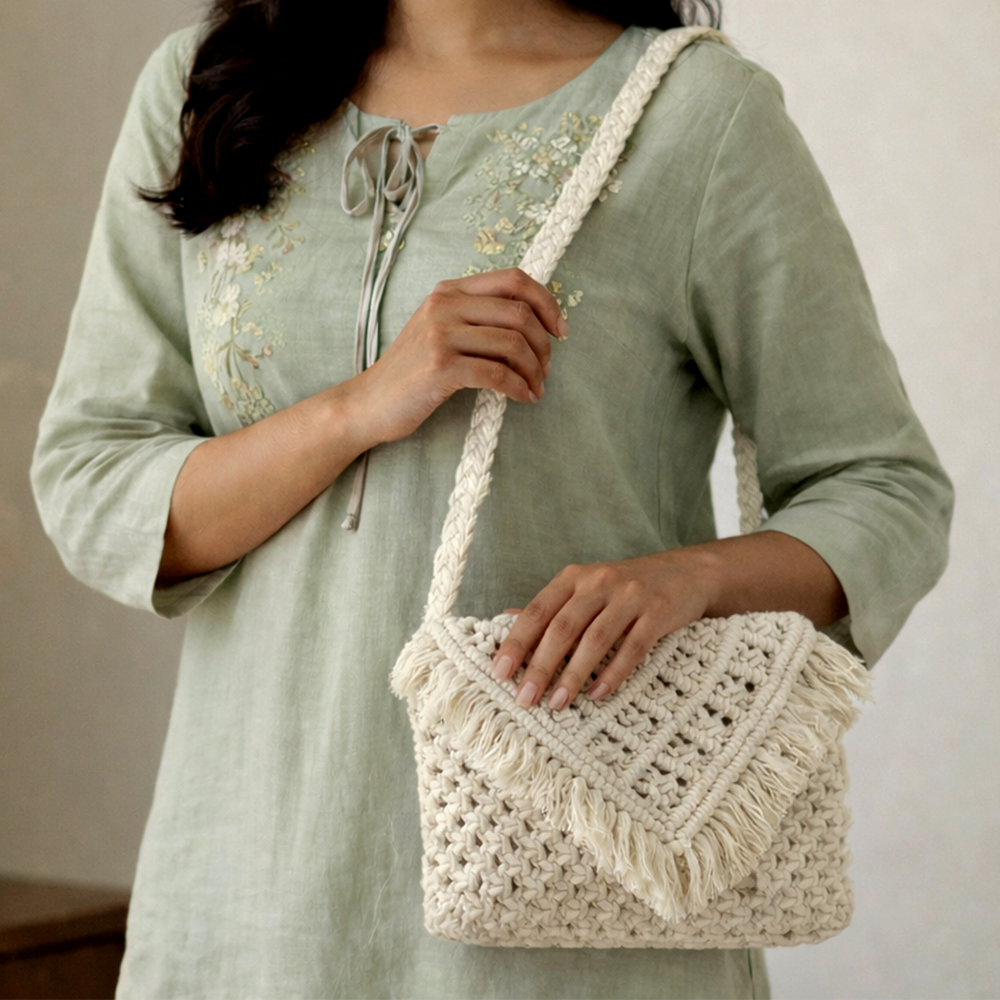 Handcrafted Beige Macrame Crossbody Bag for Women (Nomad)
