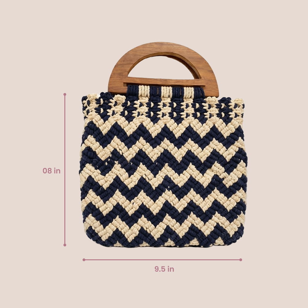 Handmade Blue & Beige Chevron Macrame Bag for Women (SlateChevron)