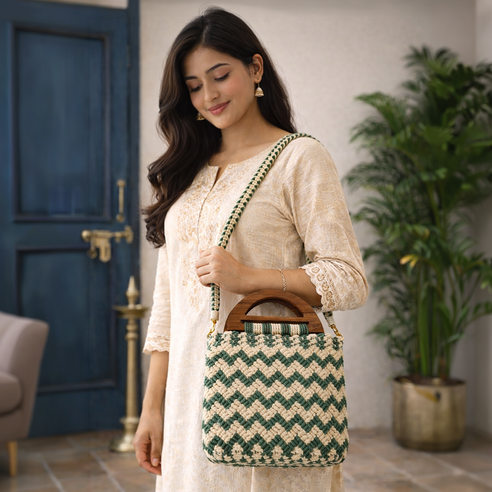 Handmade Green & Beige Chevron Macrame Bag for Women (MintyLoom)