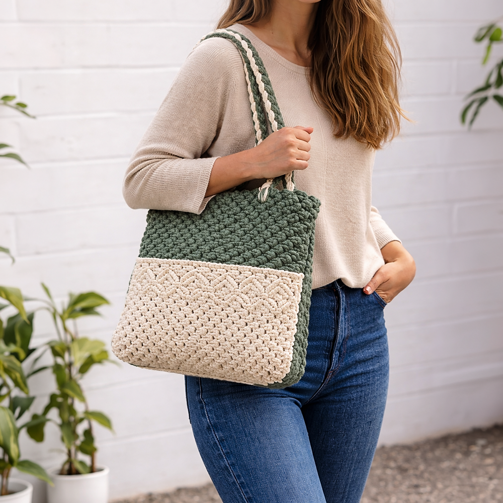 Handcrafted White and Olive Green Macrame Bag for Women ( OliveFrost)