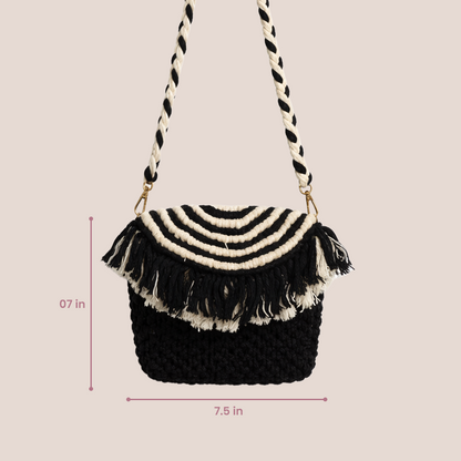 Handcrafted Black and White Macrame Bag for Women (MonochromeFringe)
