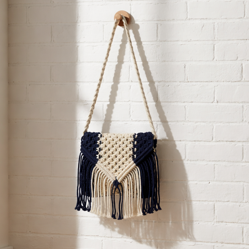 Handcrafted Macrame Blue & Cream Purse with Fringe (Seraph)
