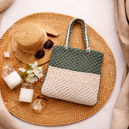Handcrafted White and Olive Green Macrame Bag for Women ( OliveFrost)