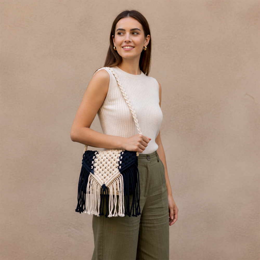 Handcrafted Macrame Blue & Cream Purse with Fringe (Seraph)