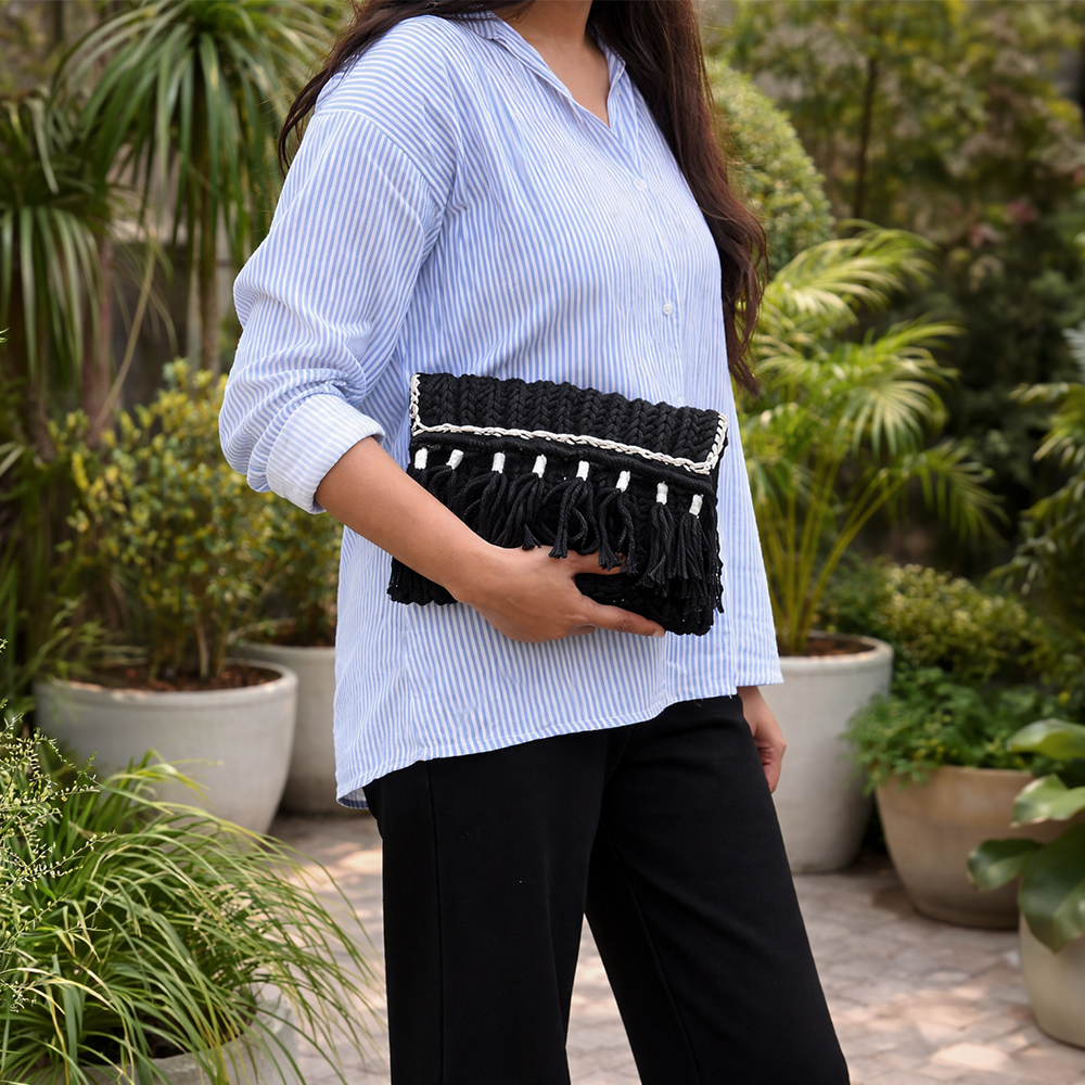 Handcrafted Elegant Black Macrame Bag for Women (MidnightFringe)