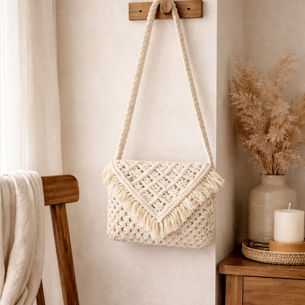 Handcrafted Beige Macrame Crossbody Bag for Women (Nomad)
