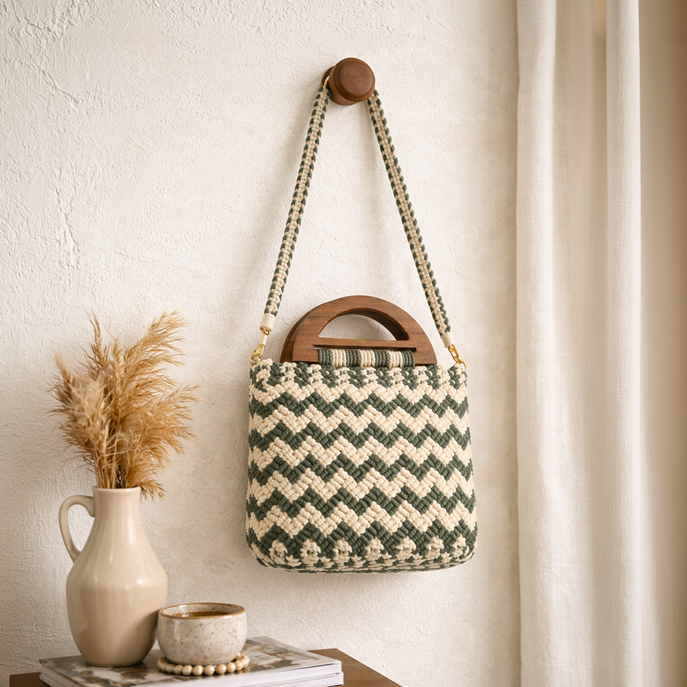 Handmade Green & Beige Chevron Macrame Bag for Women (MintyLoom)