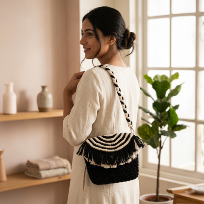 Handcrafted Black and White Macrame Bag for Women (MonochromeFringe)