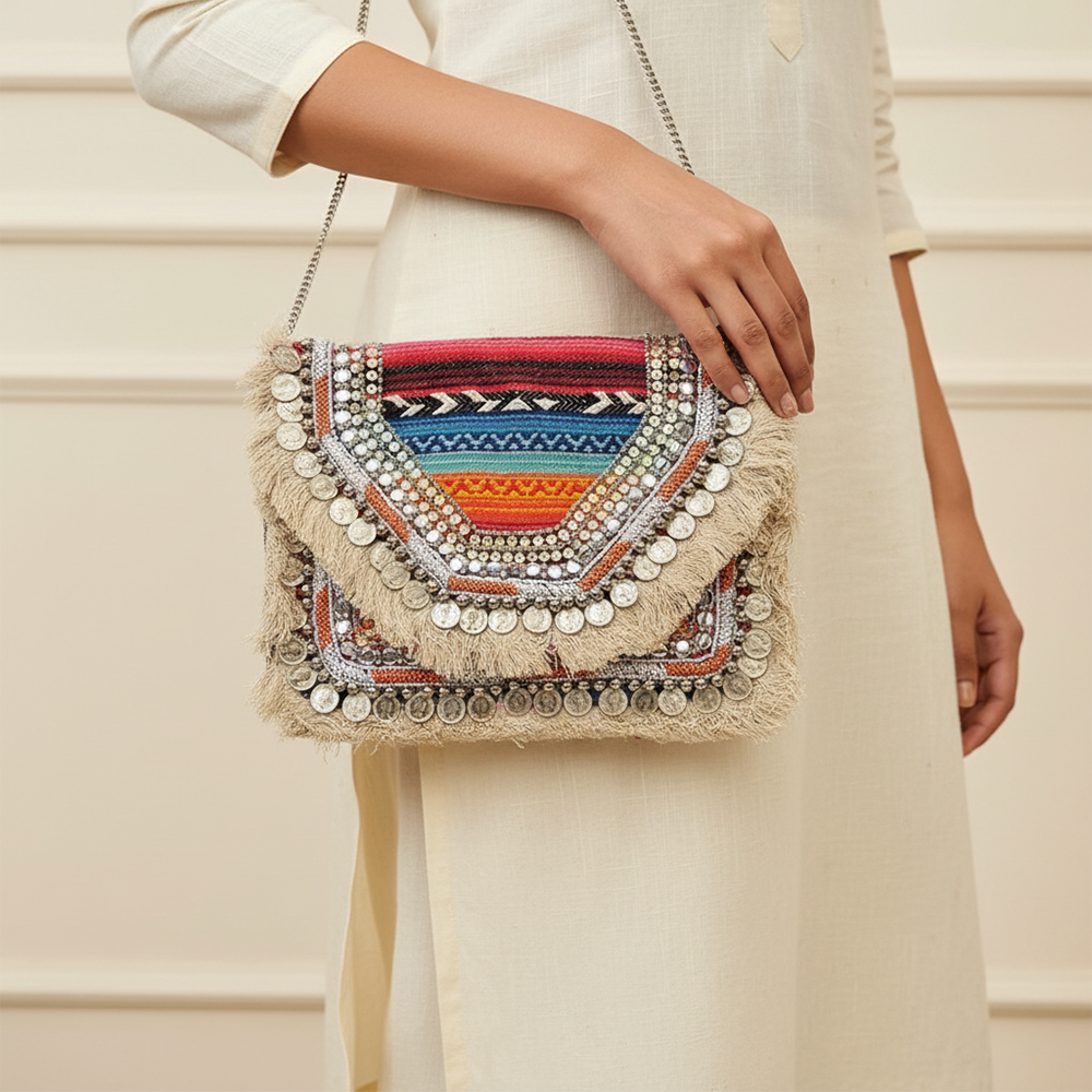 Women Ethnic Embellished Handmade Designer Boho Bag (Rainbow Riot)