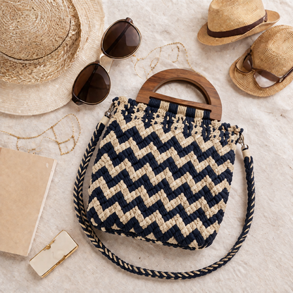 Handmade Blue & Beige Chevron Macrame Bag for Women (SlateChevron)