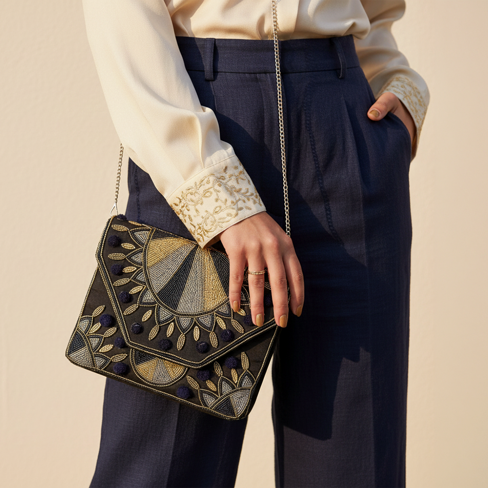 Women Ethnic Embellished Designer Boho Bag (Luxe Black & Gold)