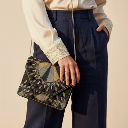 Women Ethnic Embellished Designer Boho Bag (Luxe Black & Gold)