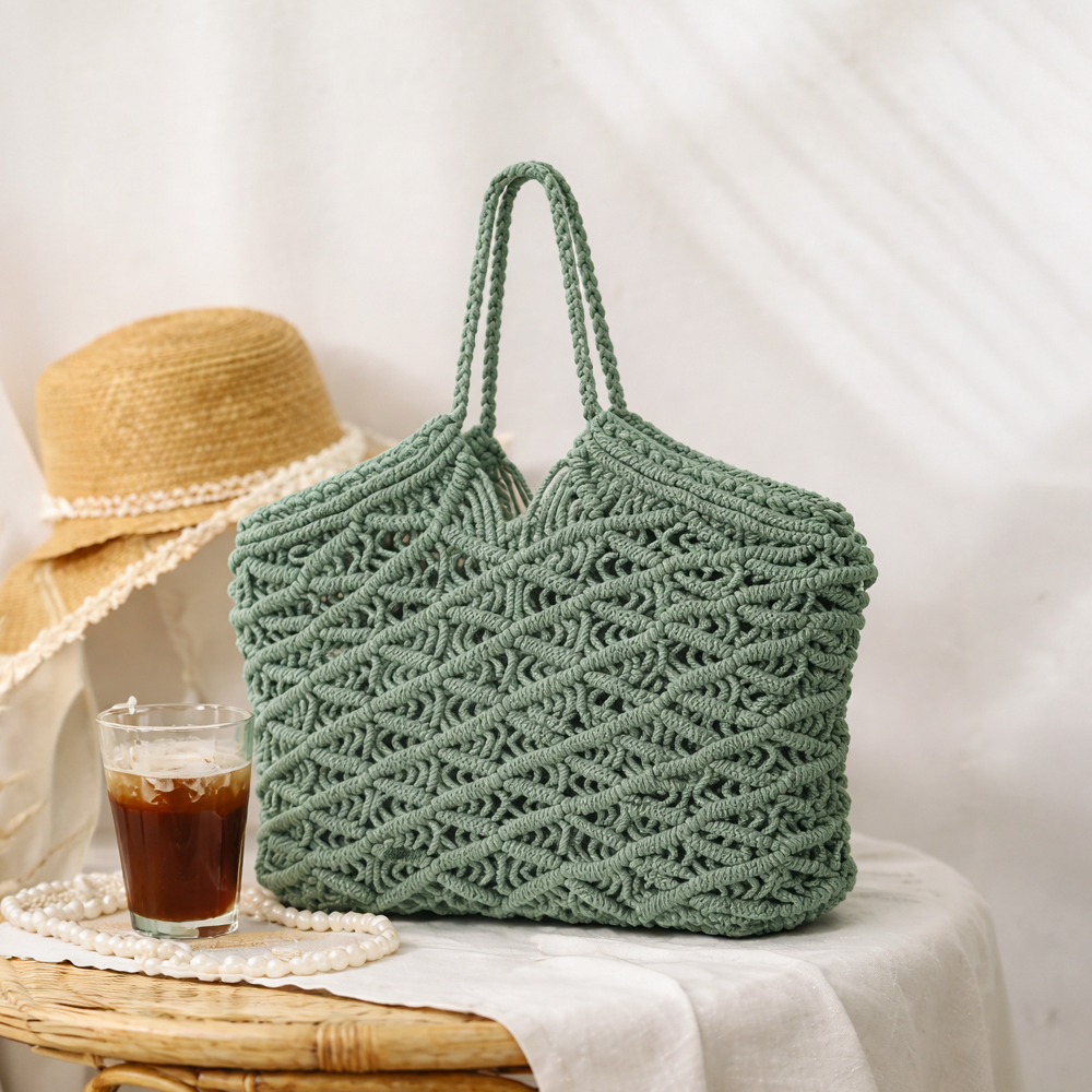 Handcrafted Macrame Green Tote Bag for Women (Seafoam Serenity)