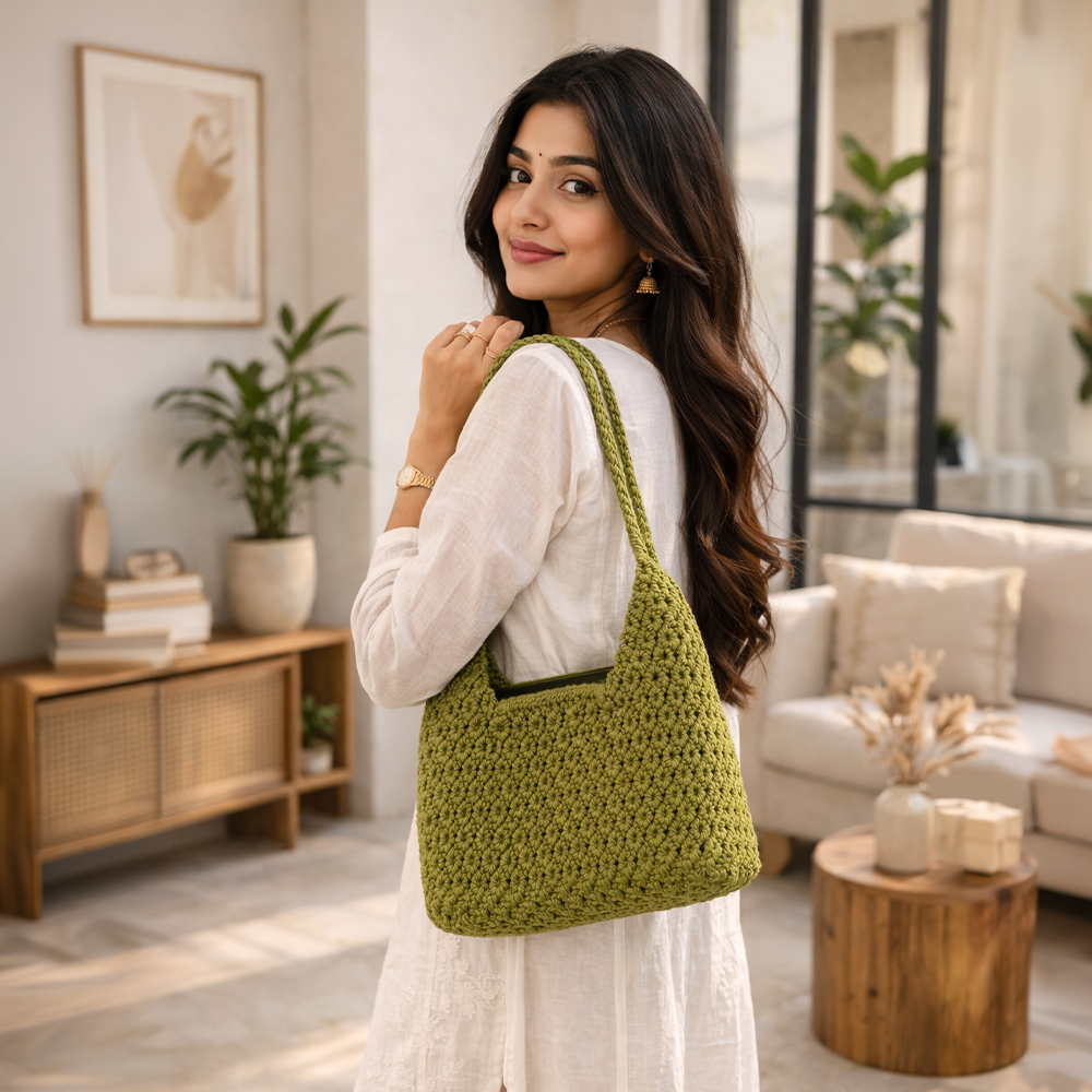 Handcrafted Olive Green Macrame Bag for Women (Forestique)