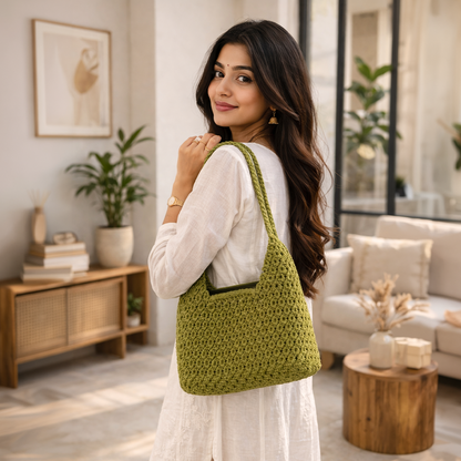 Handcrafted Olive Green Macrame Bag for Women (Forestique)