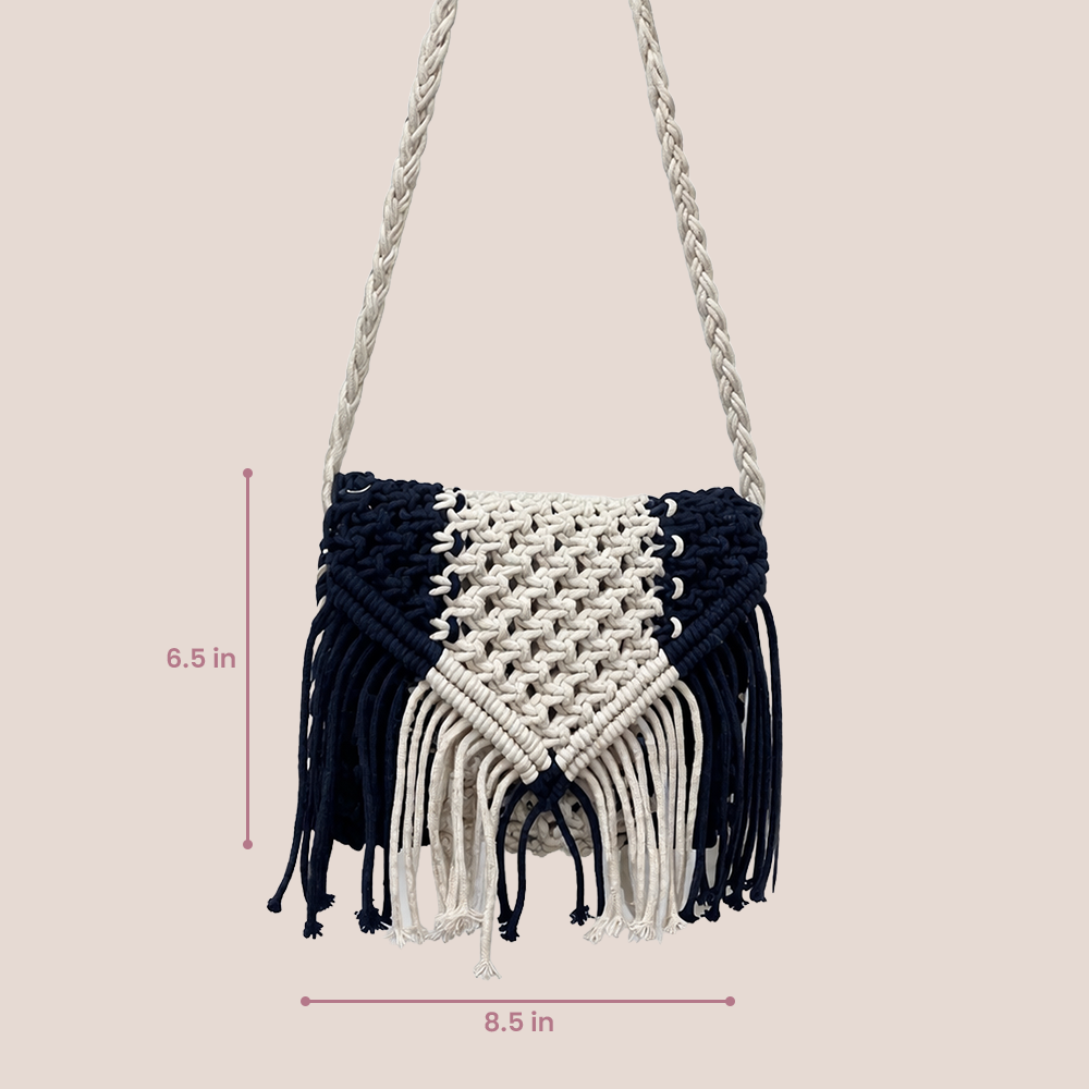 Handcrafted Macrame Blue & Cream Purse with Fringe (Seraph)