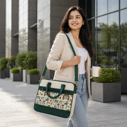 Maresse Green Printed Jute Laptop Bag for Men and Women