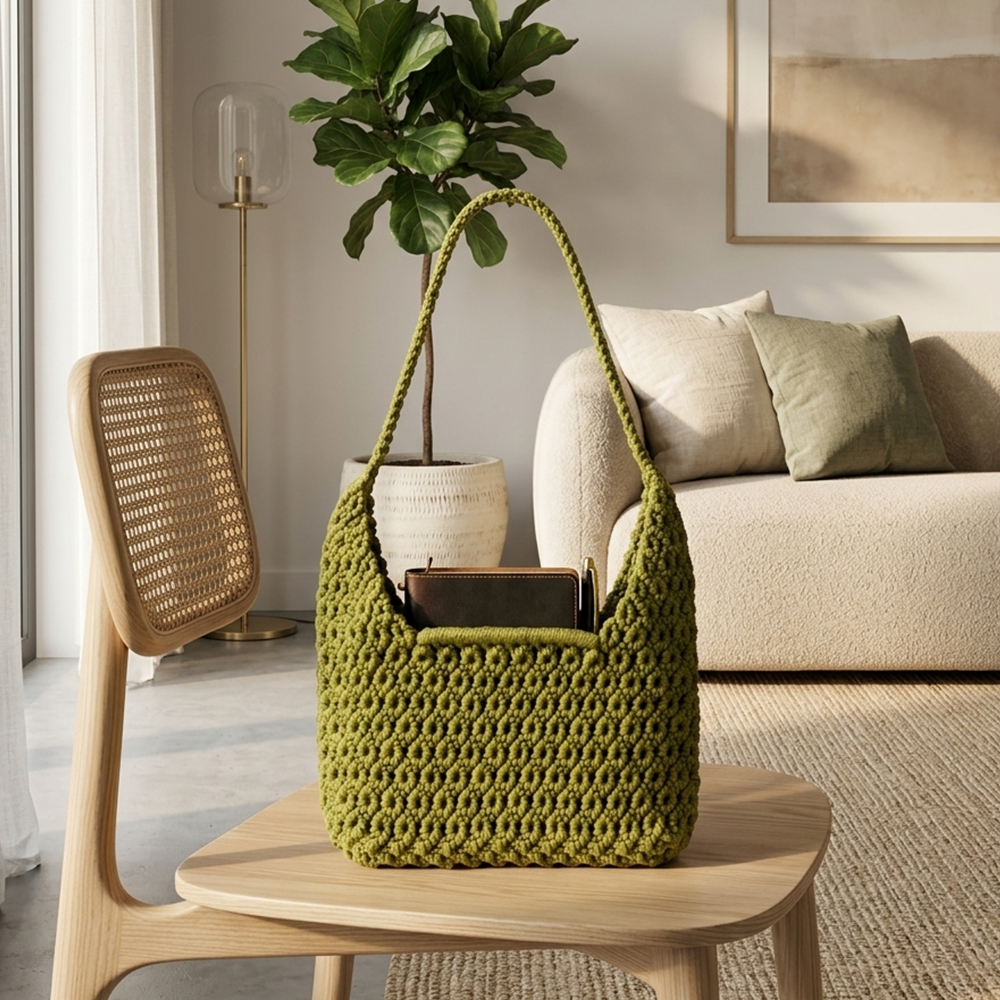 Handcrafted Olive Green Macrame Bag for Women (Forestique)