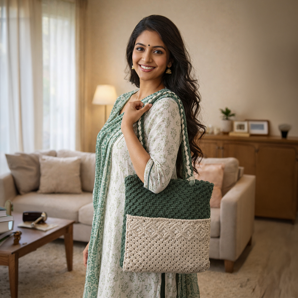 Handcrafted White and Olive Green Macrame Bag for Women ( OliveFrost)
