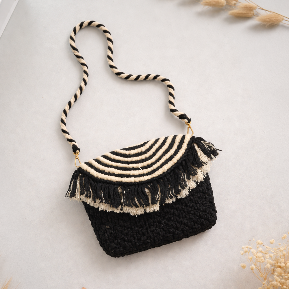 Handcrafted Black and White Macrame Bag for Women (MonochromeFringe)