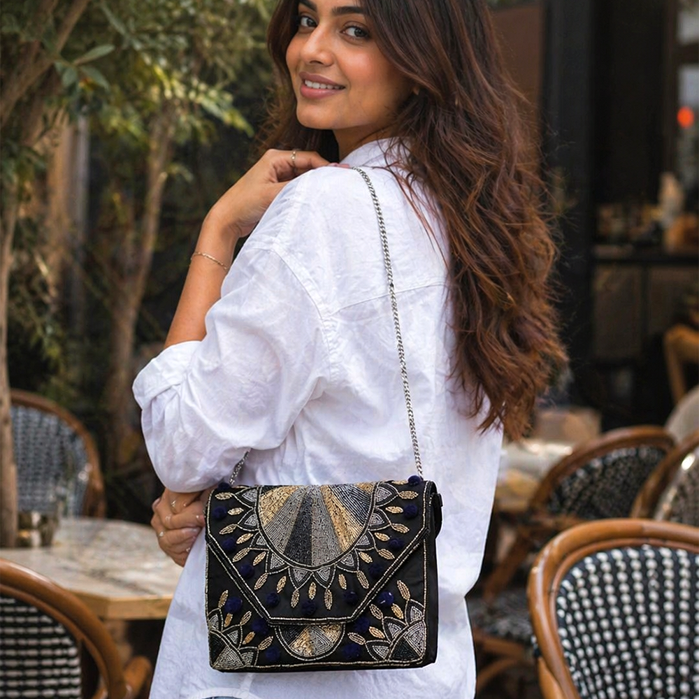 Women Ethnic Embellished Designer Boho Bag (Luxe Black & Gold)