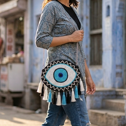 Handcrafted Blue Evil Eye Beaded Crossbody Boho Purse