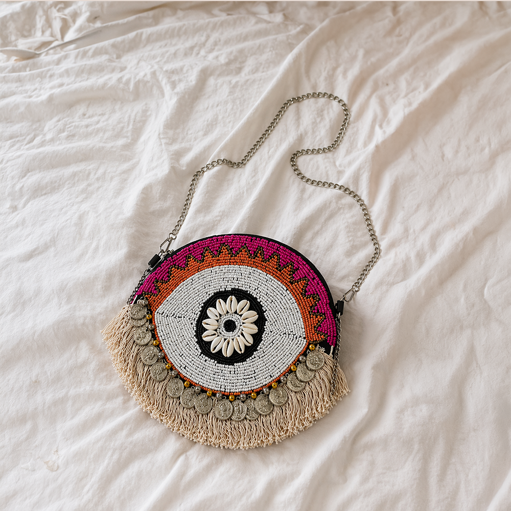 Handcrafted Evil Eye Beaded Crossbody Orange Boho Bag