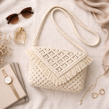Handcrafted Beige Macrame Crossbody Bag for Women (Nomad)