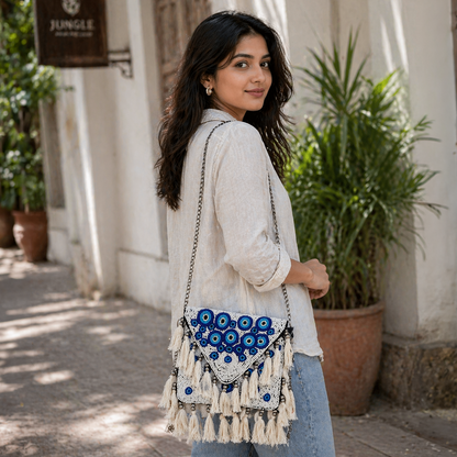 Handcrafted White & Blue Banjara Boho Bag for Women