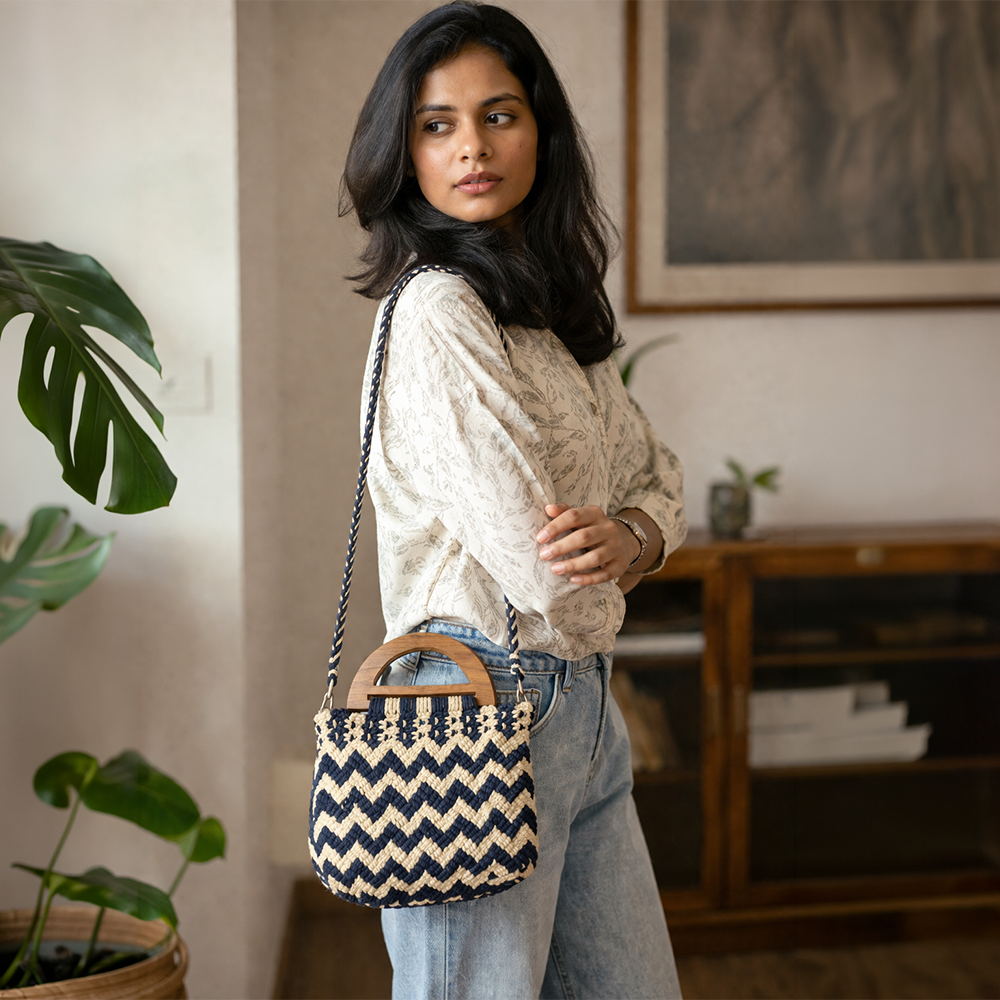 Handmade Blue & Beige Chevron Macrame Bag for Women (SlateChevron)