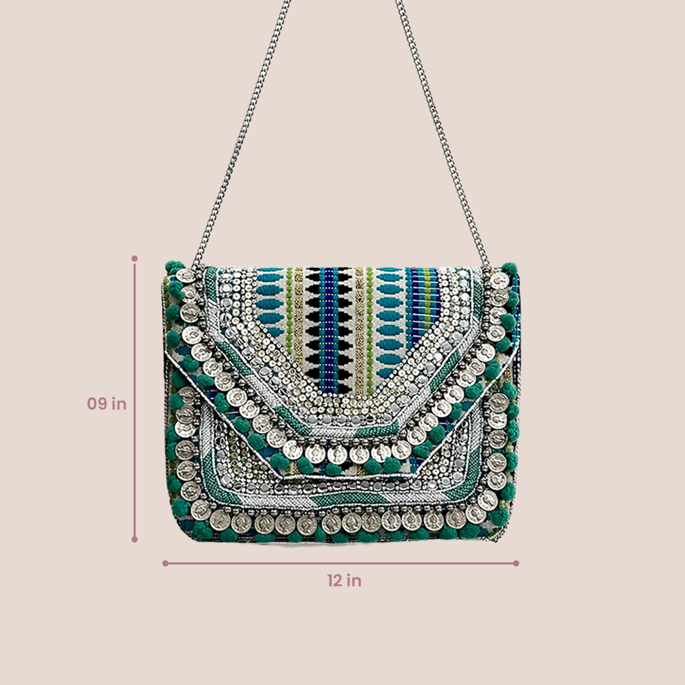 Women Ethnic Embellished Handmade Designer Boho Bag (Evergreen)