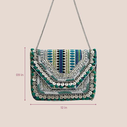 Women Ethnic Embellished Handmade Designer Boho Bag (Evergreen)