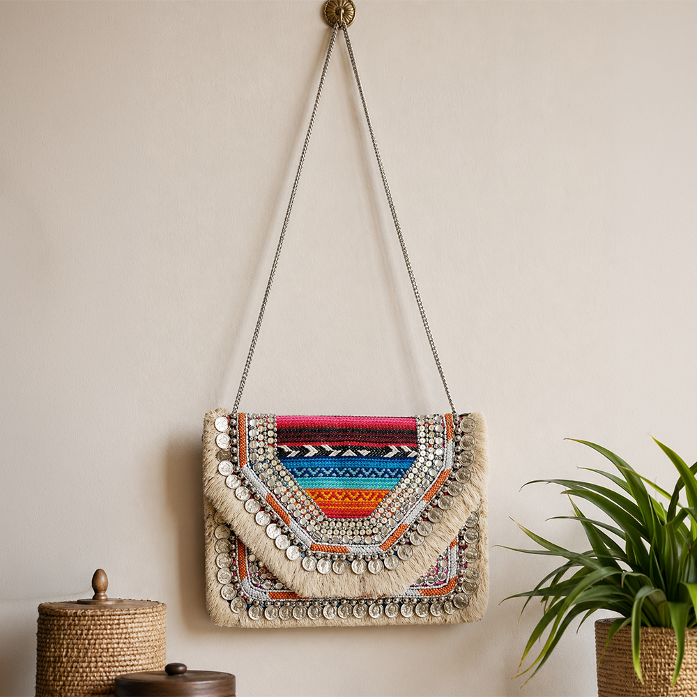 Women Ethnic Embellished Handmade Designer Boho Bag (Rainbow Riot)