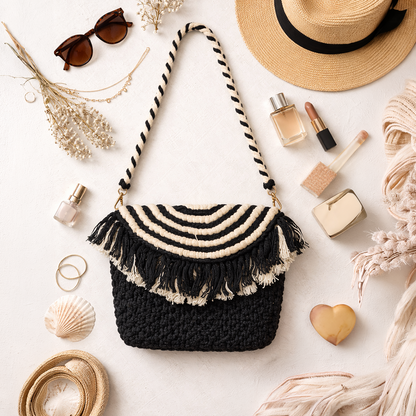 Handcrafted Black and White Macrame Bag for Women (MonochromeFringe)
