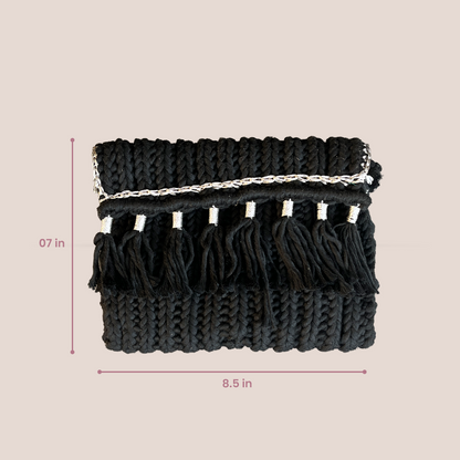 Handcrafted Elegant Black Macrame Bag for Women (MidnightFringe)