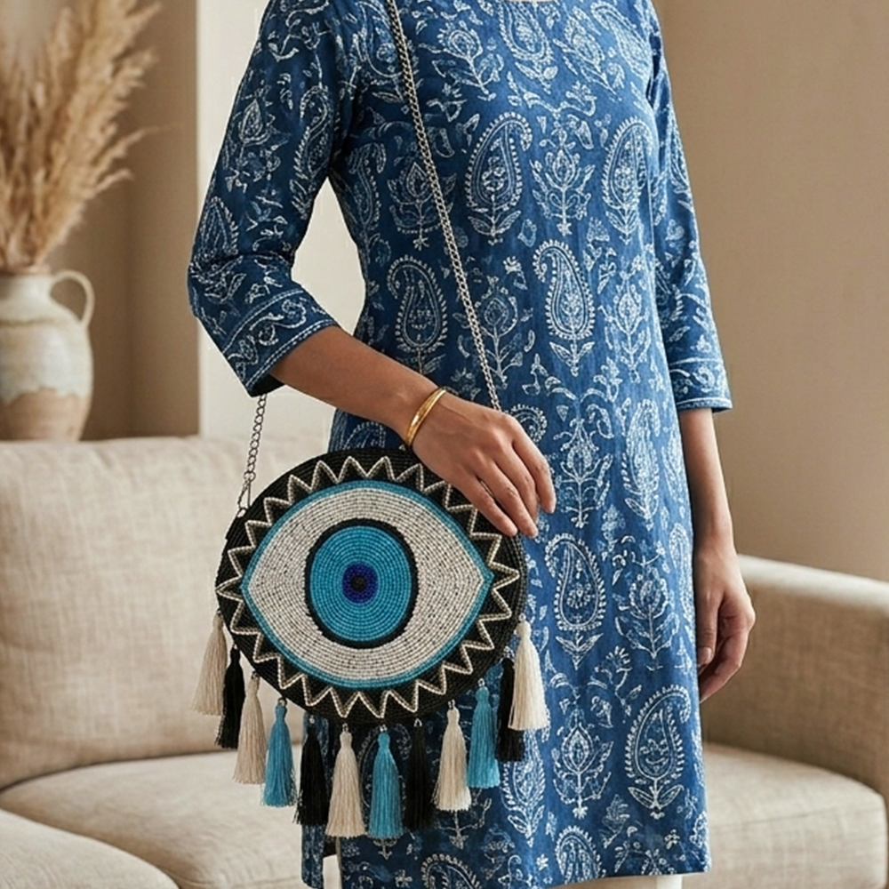 Handcrafted Blue Evil Eye Beaded Crossbody Boho Purse